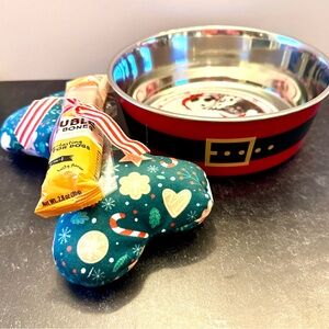 Festive Red and Black Dog Bowl with Santa Belt Design